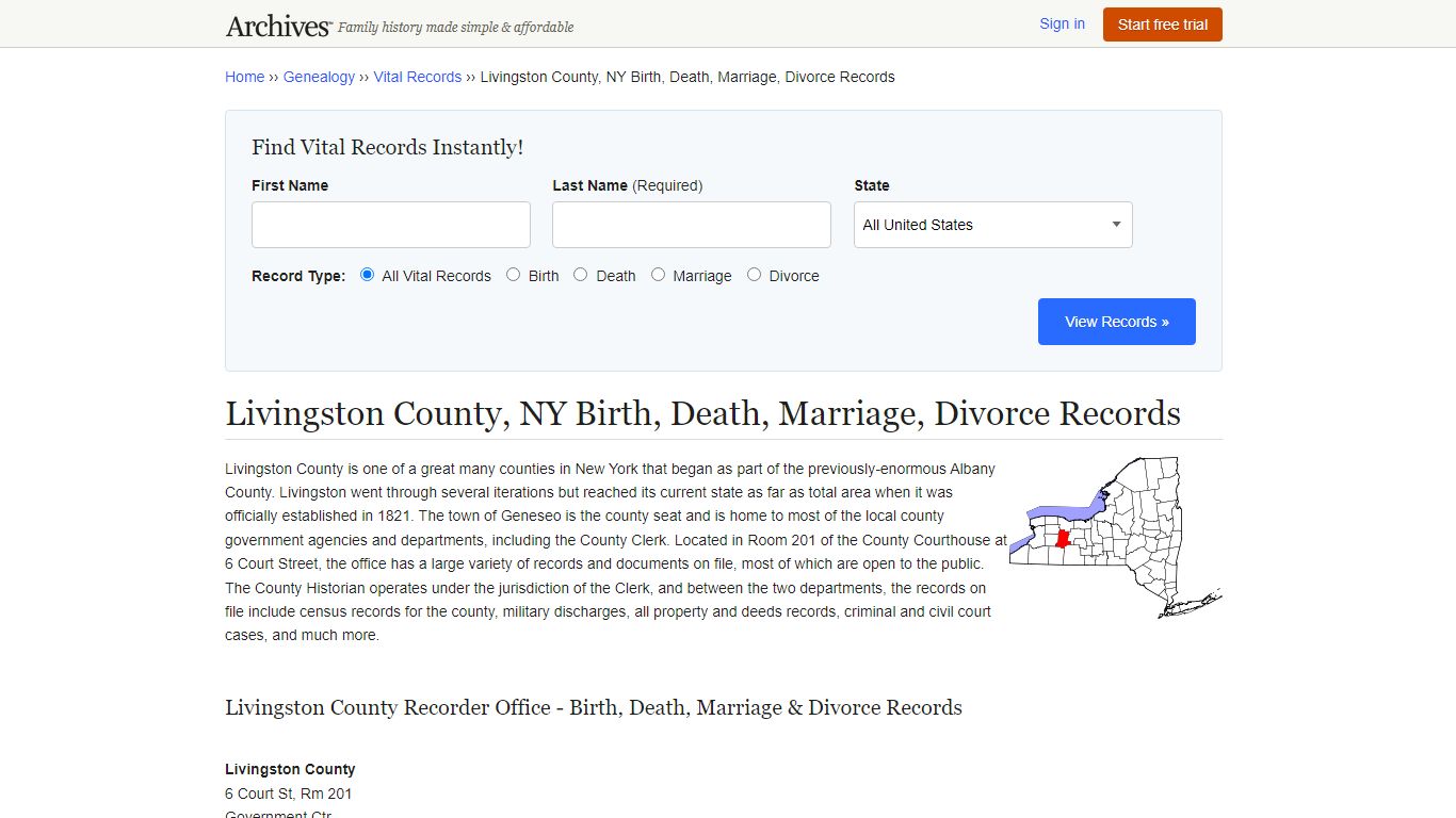 Livingston County, NY Birth, Death, Marriage, Divorce Records